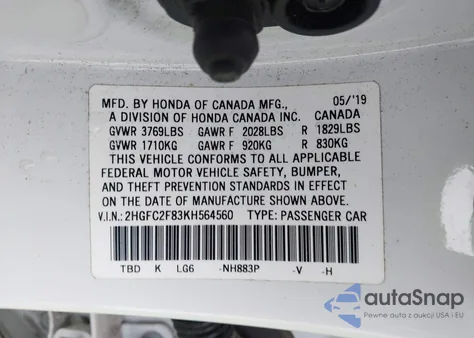 2019 Honda Civic Sport from USA, damaged, VIN 2HGFC2F83KH564560